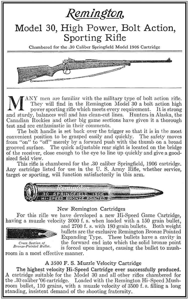 This early Remington advertisement announces the new Model 30 rifle and two equally new loadings of the .30-06 cartridge.
